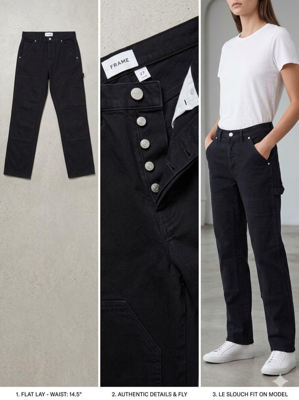 Frame Le Slouch Double Knee Utility Jeans Washed Noir Black Size 27 EUC